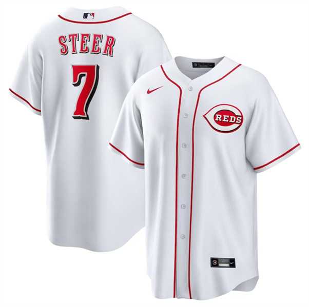 Men%27s Cincinnati Reds #7 Spencer Steer White Cool Base Stitched Baseball Jerseys Dzhi